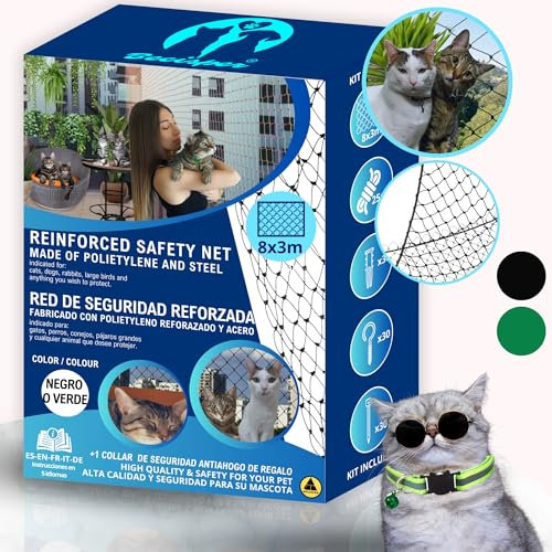 BECISPER - Red para Gatos Reforzada Extra Grande 8x3m - Red para Gatos terraza - Red Gatos Ventanas - Red Gatos Seguridad - Red Balcon Gatos - Red Seguridad niños - Red protección Gatos. (Verde)