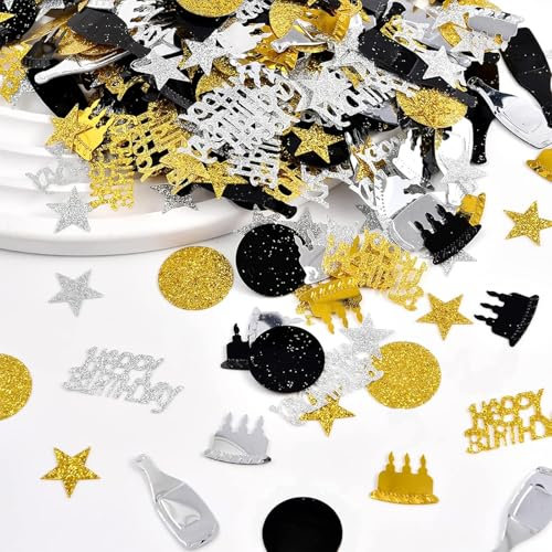KOBOKO Happy Birthday Konfetti, Streudeko für Frau Mann, Tischdeko Schwarz Gold, Glitzer Confetti Deko Geburtstag