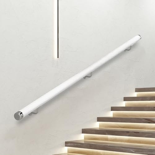 Wooden Staircase Handrail, Safe Indoor Wall Mounted Stairs Handrail, White Round Solid Wood Armrest with Stainless Steel Bracket, Suitable for Home Hospital Barrier Free Handrails (A, 300CM)