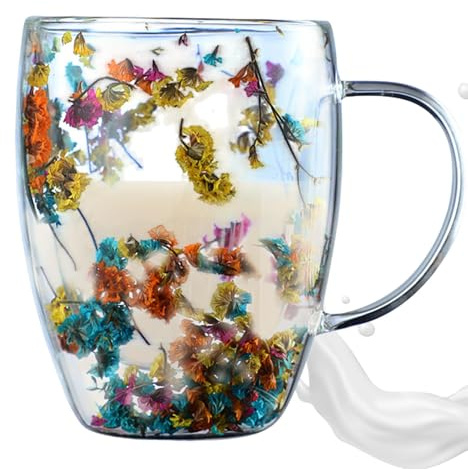 Double Walled Dried Flowers Glass Cup, Insulated Layer Flowers Coffee Mug, Glass Coffee Mug with Handle, Aesthetic Flower Tea Cup, Floral Fusion Glass Cups for Hot Milk