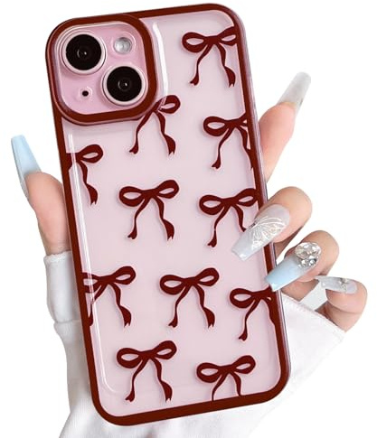 NITITOP Compatible with iPhone 15 Plus Case Cute Clear Burgundy Big Bow Design Ribbon Bowknot Pattern for Girls Women Soft TPU Transparent Full Camera Lens Shockproof Protective Cover - Wine Red