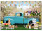 Luminora 2,1 x 1,5 m Stoff-Hintergrund für Frühling und Ostern, Blauer LKW, Garten, Blumen, Gras, Bunte Eier, Hintergrund, Festival-Party-Dekorationen, Tulpen-Wandteppich, Foto-Banner, Requisiten