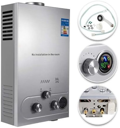 16L LPG Gas Water Heater with Temperature Regulator and Shower Kit, Silver