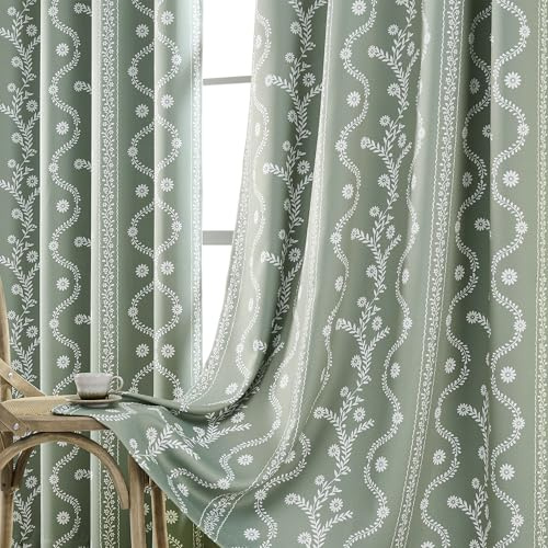 LIMON HOME Salbeigrün Verdunkelungsvorhänge für Schlafzimmer, Wohnzimmer, Grün und Weiß, Boho-bedruckte Vorhänge, 213 cm Länge, 2 Paneele, niedliche Verdunkelungsvorhänge mit Blumenmuster für