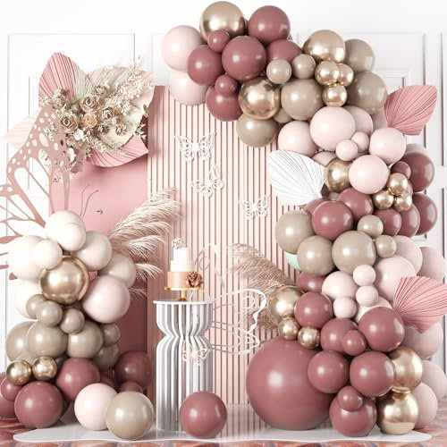 Retro Ballon Girlande Rosa Beige Gold, Boho Luftballon Girlande Altrosa Pastell Rosa Nude Beige Braun Champagner Gold Latexballons Set für Mädchen Frau Geburtstag Hochzeit Verlobung Party Deko