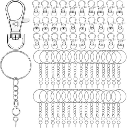 120pcs Keychain Set Including 30pcs Swivel Clasps, 30pcs Keyrings with Chain, 30pcs Split Rings and 30pcs Screw Eye Pins Suitable for DIY Key Crafts (Silver).