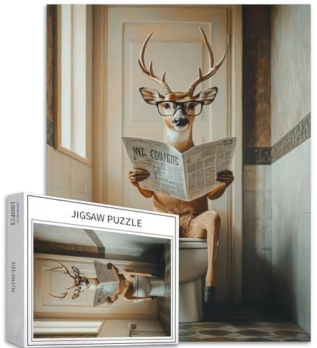 Hirsch mit Brille, Puzzle für Erwachsene, Hirsch auf Toilette, Kunst-Puzzle, anspruchsvolle Familienaktivitäten, buntes Bastelpuzzle für Heimdekoration, Geschenke, 50 x 70 cm, 1000 Teile