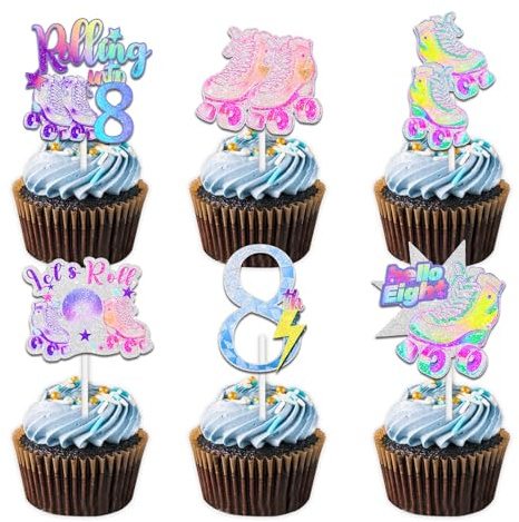 18pcs Colorful Glitter Roller Skates Cupcake Topper Pick for 80s 90s Retro Hip Hop Roller Skating Roll into 8 Theme Decor Supplies Boys Girls Happy 8th Birthday Party Decorations