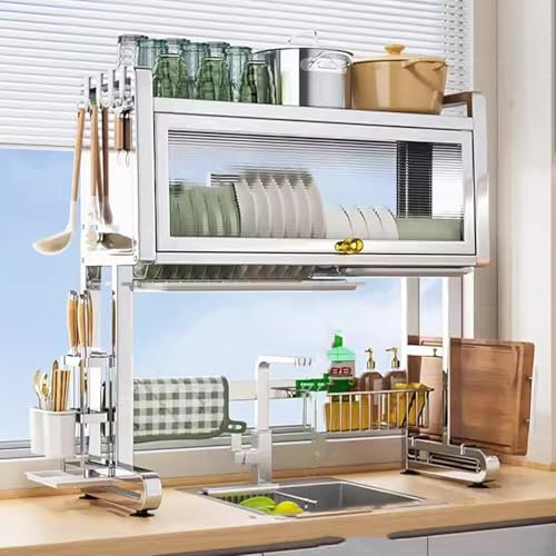 Escurridor de platos de acero inoxidable con cesta colgante, escurridor plegable grande, organizador de cocina que ahorra espacio, estante de secado de platos duradero y elegante.