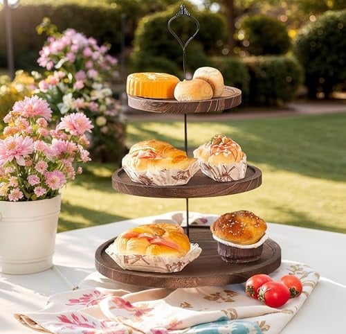 LOSTTYPE 3 Tier Wood Cupcake Stand,Decorative Display Stand For Dessert ,with Metal Handles ,Vintage Cupcake Holder for Wedding, Birthday, Afternoon Tea,Picnic,Parties(Heavy Burn Color)