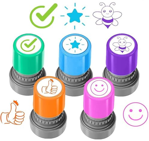 Stempel Lehrer Grundschule, 5 Stück Selbstfärbende Lehrer Stempel, Lob Ermutigung Kinder, Bunte Cartoon Siegel Ermutigung, Schüler Hausaufgaben Stamper