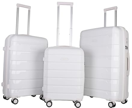 JLY 3-Piece Polypropylene Luggage Set 20inch/24inch/28inch, White | Lightweight Hard Shell Suitcases with Combination Locks, USB Ports and 360° Double Spinner Wheels for Every Journey