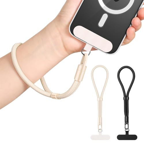 MoKo 2er-Pack Handyband fürs Handgelenk, 18 cm, Schwarz und Camel | Verstellbares Polyesterband mit 360°-Metallhaken und ultradünner Lasche für voll abdeckende Hüllen.