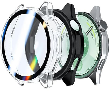 Rojeuinn 2 Stück Hülle für Huawei Watch GT 7 / GT 6 46mm Schutzhülle mit Displayschutz, Hard PC 360° Rundum Anti Kratz Anti Staub Ultradünne Schutzhülle-Schwarz+Transparent