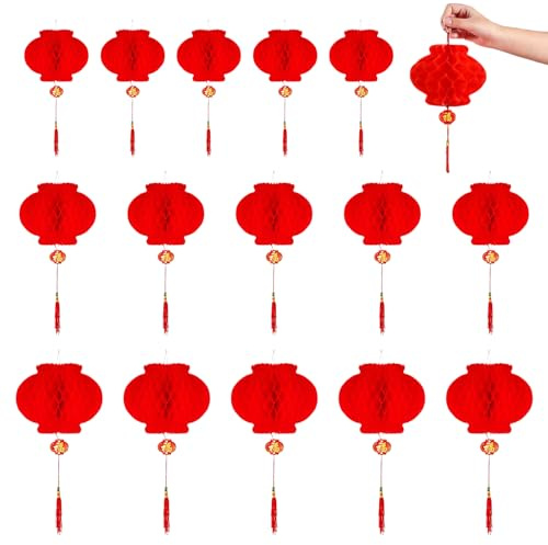 Chinesische Laternen,Kunststoff Papierlaterne,Rote Hängende Laternen,Rote Laterne,Rote Papierlaternen,Faltbare wasserdichte,für Chinesische Frühlingsfest Festliche Dekoration,15 Stück