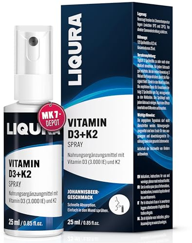 LIQURA Vitamin D3 K2 Spray mit MK7-Depot - hochdosiert (3000 IE) in 2 Sprühstößen - Einfache Dosierung und Alternative zu Vitamin D3 K2 Tropfen oder Kapseln. 125 Sprühstöße, 2 Monate, Vegan 25ml