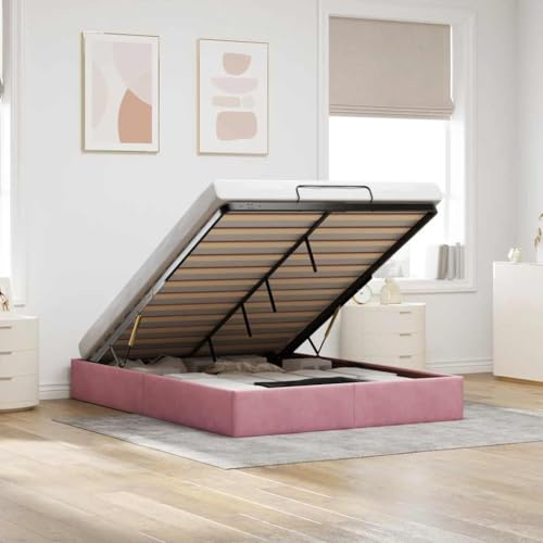 JHQHSM Ottoman Bett ohne Matratze Rosa 140x200 cm Samt mit Hydraulikmechanismus und Stauraum, Lattenrost und weicher Bezug für Komfortables Schlafen