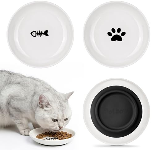 WGIDSKKI Set de 3 Cuencos de Cerámica para Gato, Cuencos Antideslizantes con Base de Goma, Cuenco de Cerámica Poco Profundo para Comida y Agua, Apto para Lavavajillas, Libre de Tóxicos