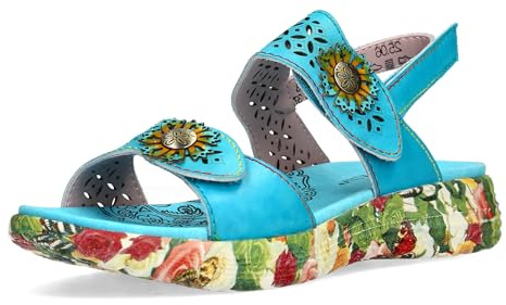 Laura Vita Damen Sandalette Stanzung Niete Blüten Plateau Klett SANAO 53, Größe:40 EU, Farbe:Türkis
