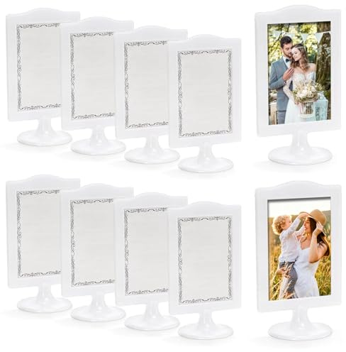 10 Stück Bilderrahmen Doppelseitig 10 x 15 cm - Bilderrahmen Stehend, Stationen Aufsteller Grundschule Weiß, Jeder Rahmen Hält 2 Bilder, mit Einsätzen und Sockel Photo Frame für Foto, Party, Hochzeit