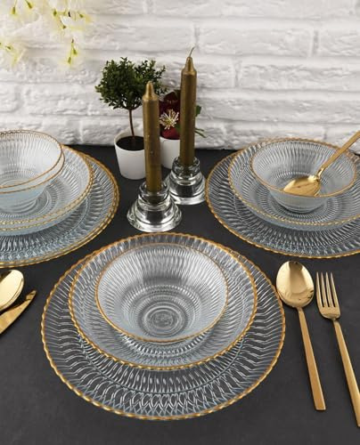 Elegante juego de vajilla de cristal transparente de 12 piezas | Incluye 4 cuencos (15 cm), 4 platos llanos (21 cm), 4 platos de servir (28 cm) | Perfecto para comidas elegantes