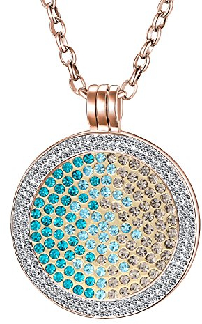 Morella Damen Halskette Rosegold 70 cm Edelstahl und Zirkonia Anhänger mit Coin Zirkoniasteine grün-blau-Silber 33 mm im Schmuckbeutel