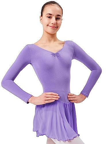 tanzmuster ® Ballettkleid Mädchen Langarm - Anna - aus weichem Baumwollstoff mit Glitzersteinen und Chiffon Röckchen fürs Kinder Ballett Ballettbodyin Lavendel, Größe:140/146