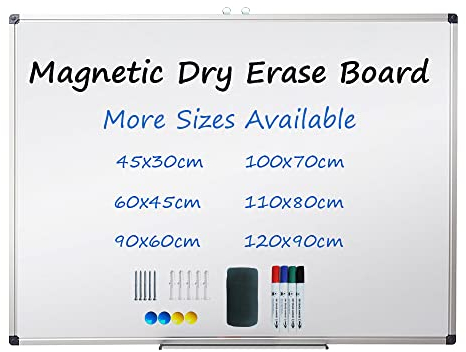 XIWODE Magnetic Dry Erase Board, Wall Mounted Whiteboard, 90 x 60cm, Lightweight White Board, Erase Board Silver Aluminium Framed with Lacquered Steel Surface