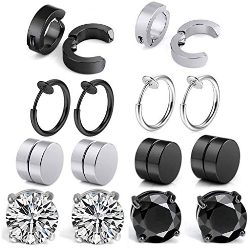 8 Paare Non-Pierced Edelstahl Ohrringe set Schwarz silber Ohrklemmen Magnetische Ohrstecker Ohrringe damen herren Nicht Durchdringende Kreuz CZ Magnet Ohrring Set Creolen