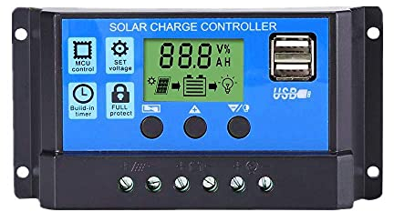 Villageboom Controlador de carga solar de 20 A (VB-124), 12/24 V, pantalla LCD, puerto USB dual de 5 V, controlador inteligente con protección contra cortocircuitos y sobrecarga