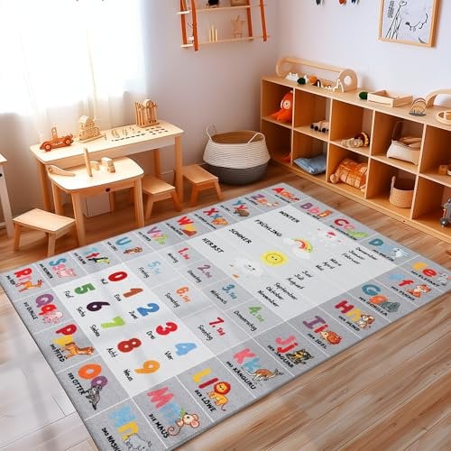 Carpettex Kinderteppich rutschfest | Lehrreiches Design mit Tieren, Zahlen, Jahreszeiten 120 x 170 cm | Kein Abwurf | Kurzflor und Waschbarer Spielteppich für Kinderzimmer für Mädchen und Jungen
