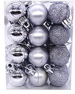 Weihnachtskugeln Weihnachtsdeko Set 24 STK, Kunststoff Weihnachtsbaumkugeln Box mit Aufhänger Christbaumkugeln Plastik Bruchsicher, Weihnachts Weihnachtsdekorationen (Silber, 3cm)