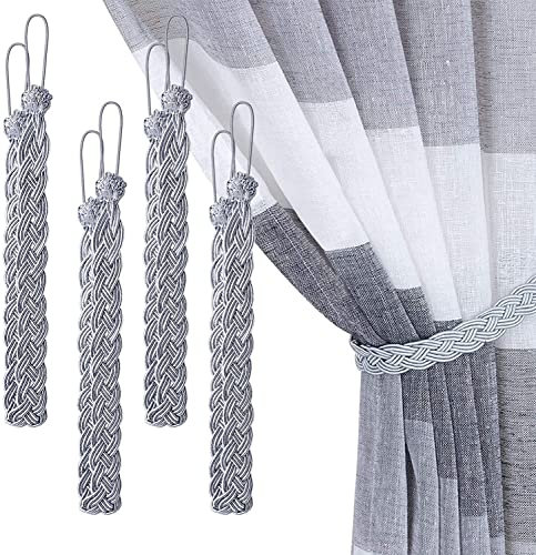 LATRAT 4 Stück Geflochtene Vorhang Raffhalter, Vorhang Seil Vorhang Raffhalter Haken für Fenster Vorhang, Silber
