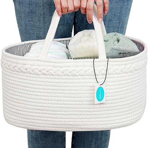 Casaphoria Little Großer Baby-Windel-Organizer – Kinderzimmer-Aufbewahrungskorb für Jungen und Mädchen, Auto-Organizer, Baumwollseilkorb, tragbare Tasche | Cremeweiß (36,1 x 21,6 x 18 cm)