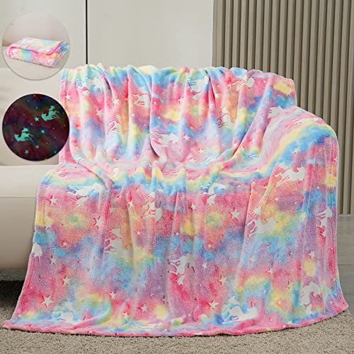 SRIZIAN Glow in The Dark Blanket, Im Dunkeln leuchtende Decke, leuchtende Überwurfdecke für Kinder, 127 x 152 cm, leuchtende Unico-Decke, Flanell-Kinderdecke für Couch, Bett, Schule, Fleecedecke