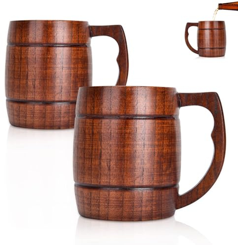 Wood Beer Mug with Handle, 13.5oz Handmade Wooden Beer Mug Wooden Drinking Cup Wood Coffee Cup Great Beer Gift Ideas Wooden Beer Tankard for Men Vintage Bar Accessories