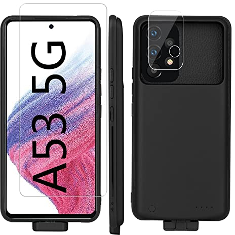 Custodia con batteria A53 per Samsung Galaxy A53 5g nera | 5000 mAh, batteria esterna, per Galaxy A53, custodia di ricarica portatile, custodia di ricarica, con pellicola protettiva per schermo A53 5g