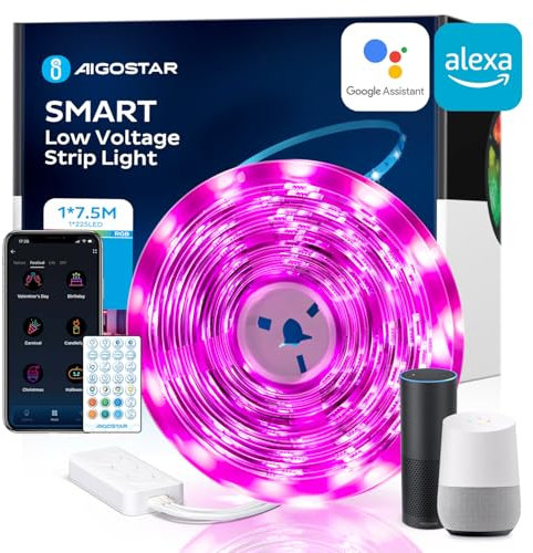 Aigostar LED Strip Light 7.5M, Alexa led Strips Lights Work with Alexa and Google Assistant for TV, Bedroom Home Christmas Party, Smart WiFi App Control, Music Sync Mode