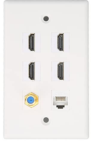 Goshyda 6-Port-HDMI-CAT6-Wandplatte, 4K-HDMI-Ethernet-Koaxialkabel-TV-F-Kopf mit 4-Port-HDMI-Cat6-Ethernet-1-Koax-TV-F-Kopf, für das Heimbüro