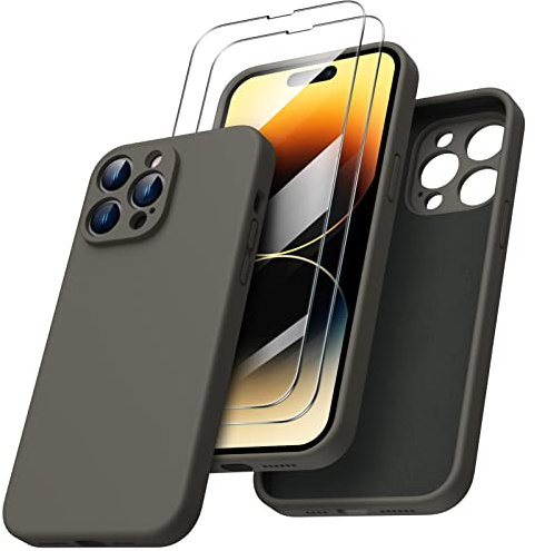 ORNARTO Compatible with iPhone 14 Pro Max Case 6.7 inch, with 2 Screen Protector Liquid Silicone Gel Rubber Cover [Full Body] Shockproof Protective Phone Case for iPhone 14 Pro Max-Khaki Brown