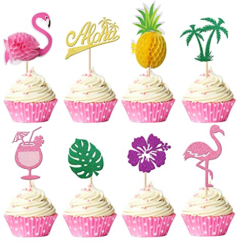 SYKYCTCY 32 Pack Tropical Cupcake Toppers Glitter Leaf Pineapple Flower Palm Tree Flamingo Cupcake Picks Aloha Luau Cupcake Decorations for Summer Baby Shower Birthday Wedding Party Cake Supplies