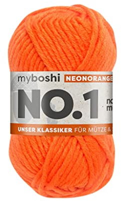 myboshi No.1 Wolle zum Häkeln und Stricken, Schnellstrickgarn, langlebige Mützenwolle, Strickwolle, Häkelwolle, mulesing-frei, 50g, Ll 55m Neonorange 1 Knäuel