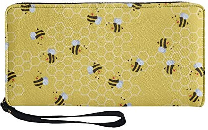 TOADDMOS Honey Bee Print Cute Wallet for Women,PU Leather Zipper Clutch Long Purses with Wrist Strap