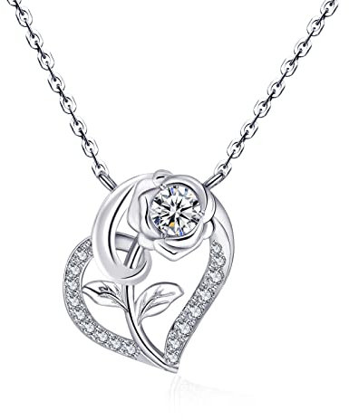 Qings Cœur Collier Rose Fleur Moissanite Pendentif Femme Argent 925 Avril Collier Pierre de Naissance avec Zirconium Cœur Bijoux pour la Saint-Valentin Anniversaire Noël Cadeau pour Petite amie Épouse