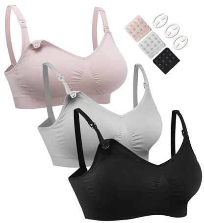 HOFISH 3PACK Full Bust Seamless Nursing Bras Maternity Bras for Easy Breastfeeding 3Pack Black,Grey,Elegant Pink Large