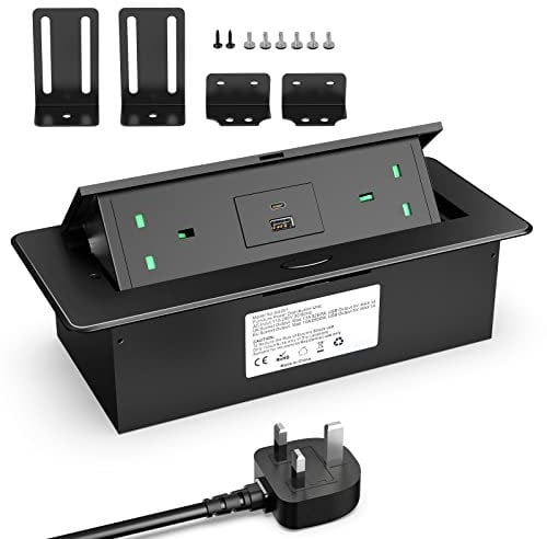 Desktop Power Socket with USB C PD20W, Aluminum Recessed Power Strip 2 UK Plug, Hidden Pop Up Sockets for Kitchen Worktops Conference Desk, Desk Power Outlet with USB C PD20W, 1.8M Cable, HANNELORE