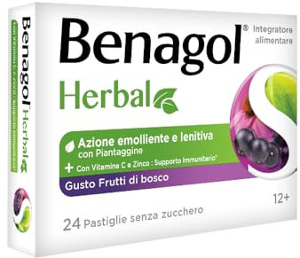 Benagol Herbal Gusto Frutti Di Bosco, Integratore Difese Immunitarie a Base di Vitamina C e Zinco con Echinacea e Sambuco, Azione Emolliente e Lenitiva, per il Sistema Immunitario, 24 Pastiglie