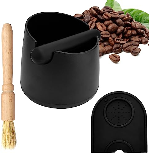 Abklopfbehälter für Siebträger und Kaffee Tamper Matte Silikon mit Reinigungsbürste Knock Box Espresso Abschlagbox mit Abnehmbarer Klopfstange Tampermatte Zubehör Zum Kaffeesatz Sammeln & Recyceln