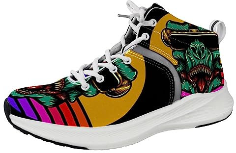 Herren Laufschuhe Sneakers Gummisohle Atmungsaktiv Bequeme Mode Schuhe T Rex Dinosaurier vor Retro Sonnenuntergang, Mehrfarbig, 5 US