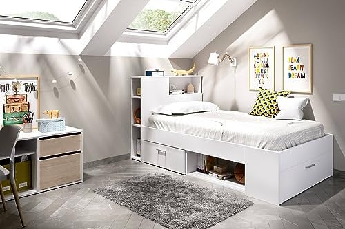 Dmora - Kristall-Kinderbett, Bett für Schlafzimmer mit Kopfteil, Einzelbettgestell mit Schublade und Regalen, 218 x 99 x 96 cm, Weiß